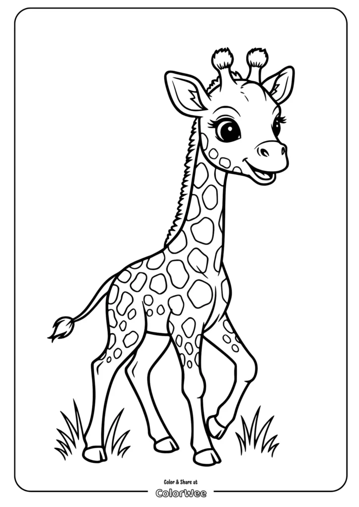 happy giraffe standing Cute giraffe coloring page for kids' art activities.