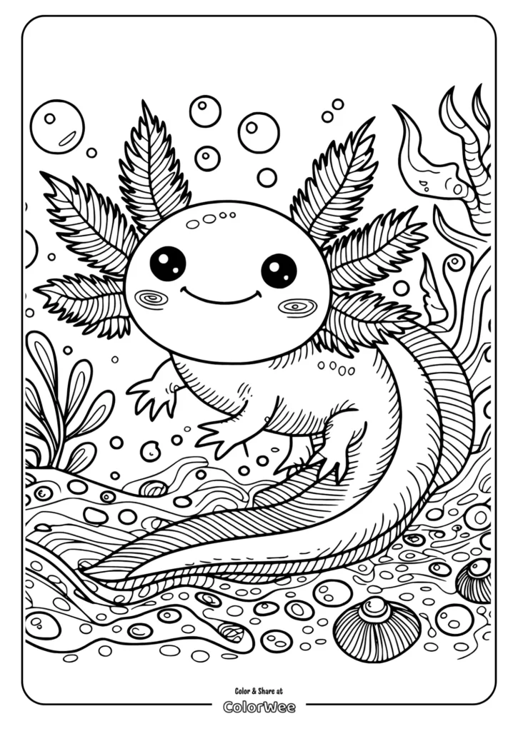 happy kawaii axolotl Coloring page of a cute axolotl in underwater scene.