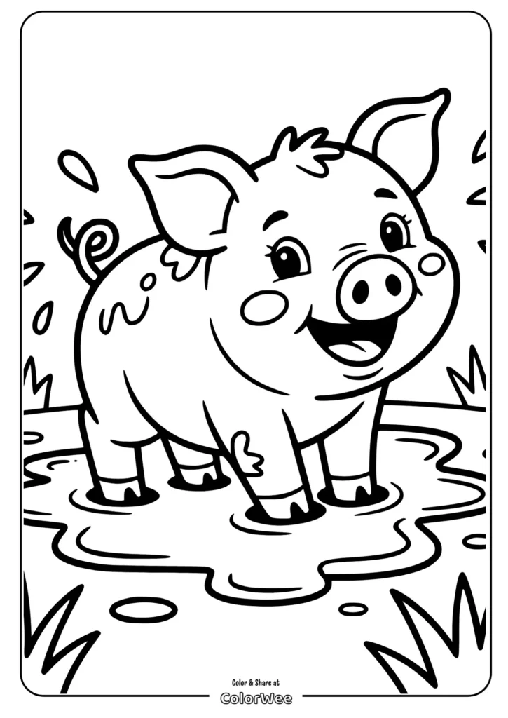 Cute pig playing in muddy puddle coloring page.