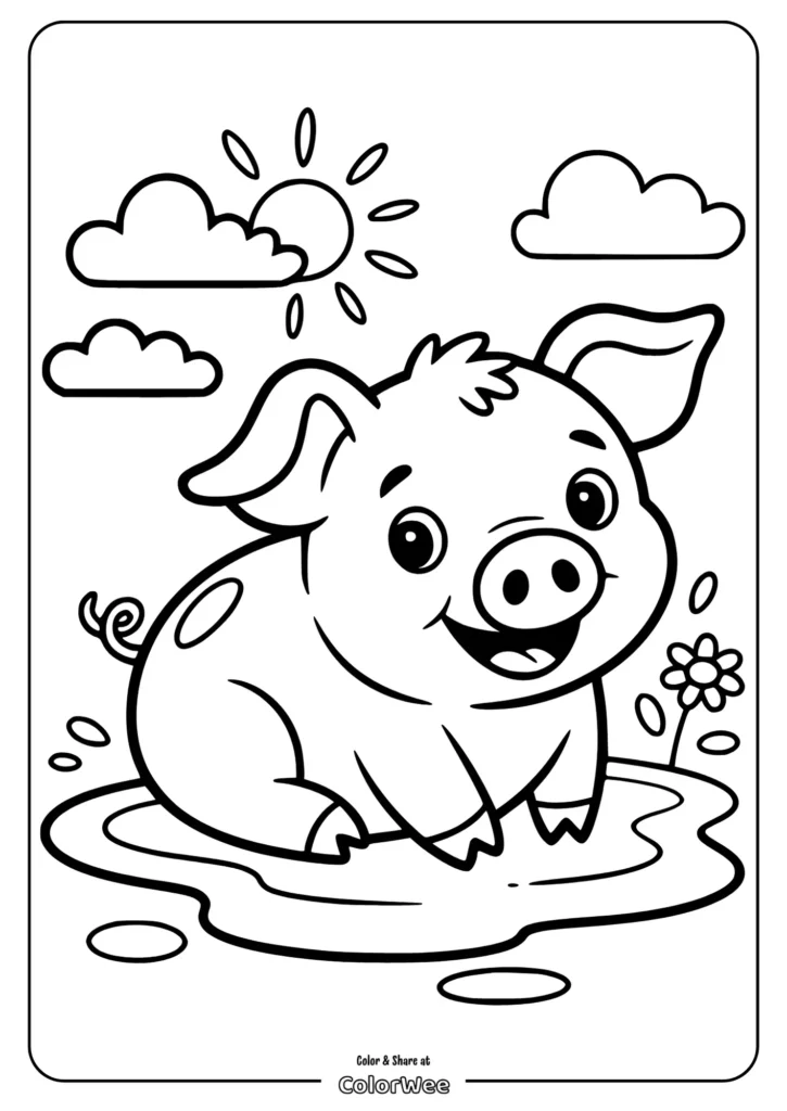 Cute pig in a puddle coloring page with sun and clouds.