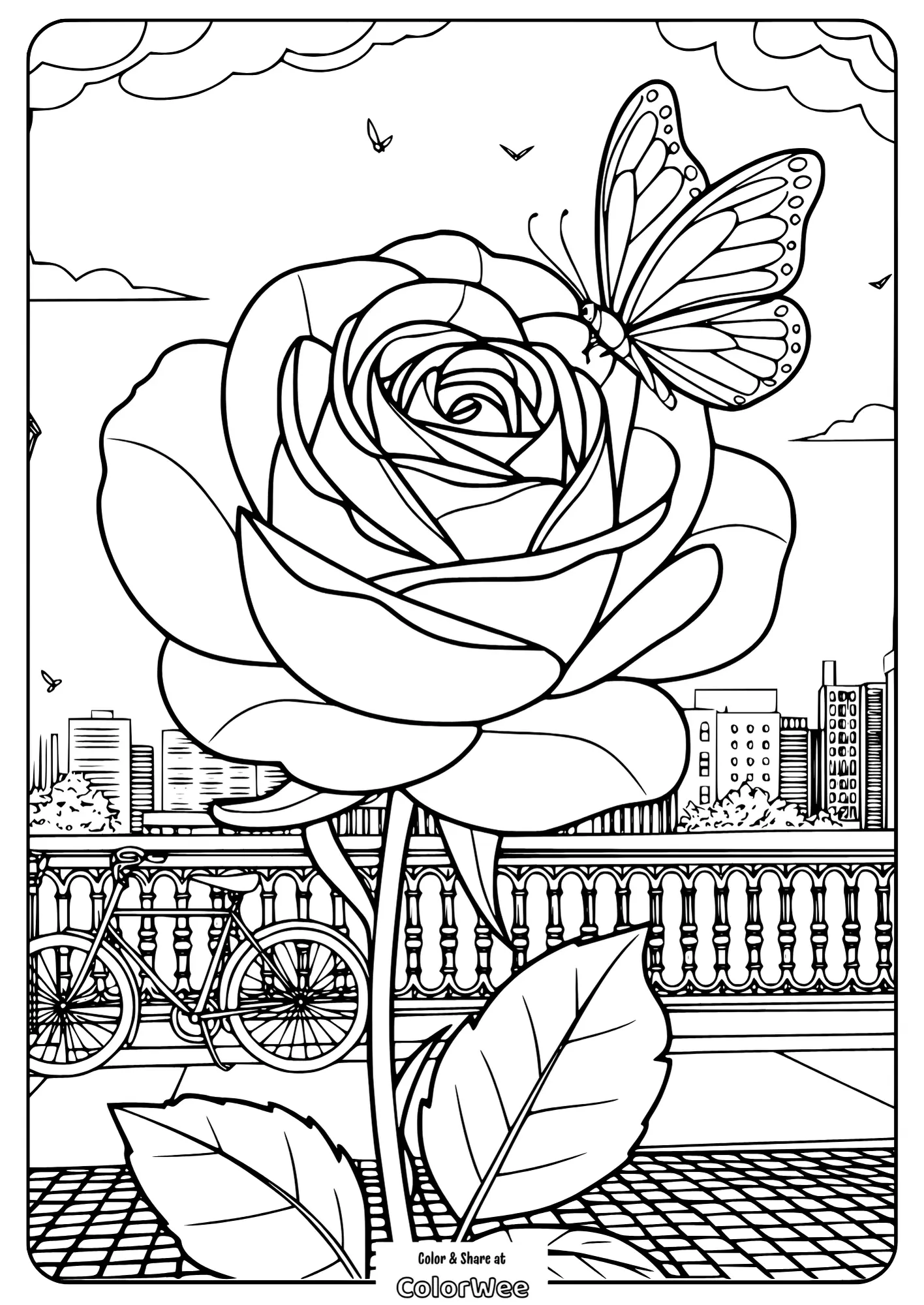 hibiscus flower and butterfly in city Rose and butterfly coloring page with a cityscape background.