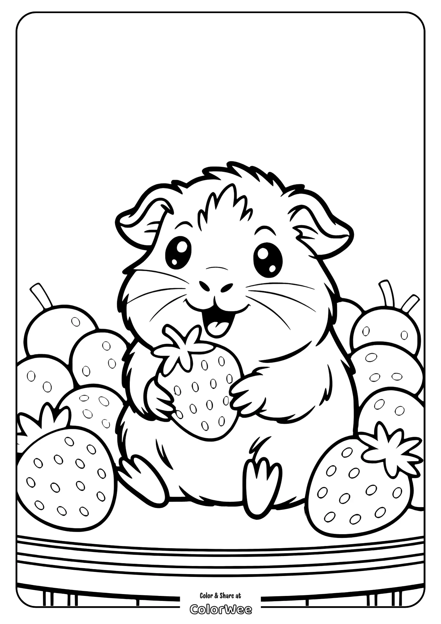 Cute guinea pig holding strawberry coloring page.
