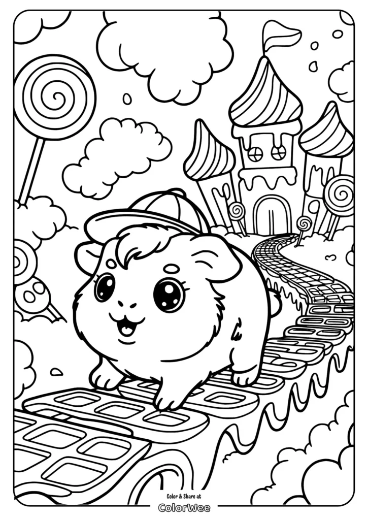 kawaii Guinea Pig in a Candy Castle Cute hamster on candy path, whimsical castle in background coloring page.