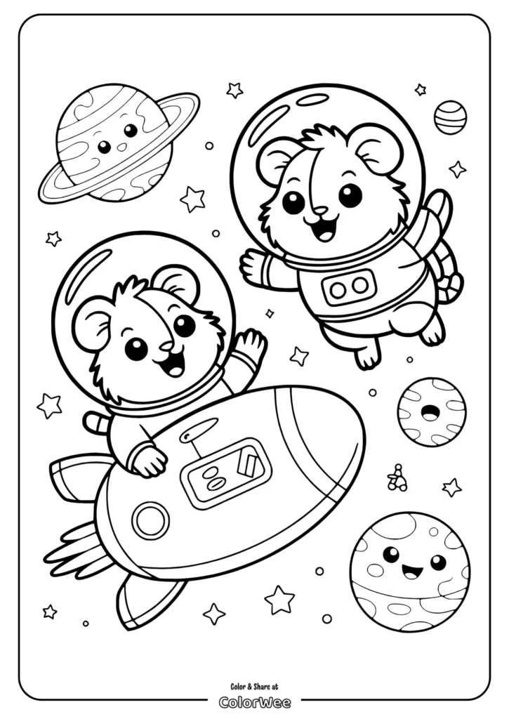 kawaii Guinea Pigs in Outer Space Cute koalas in space suits exploring space, coloring page fun.