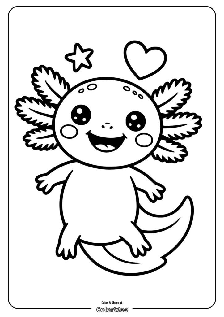 kawaii axolotl sitting and smiling Cute axolotl coloring page with star and heart shapes.