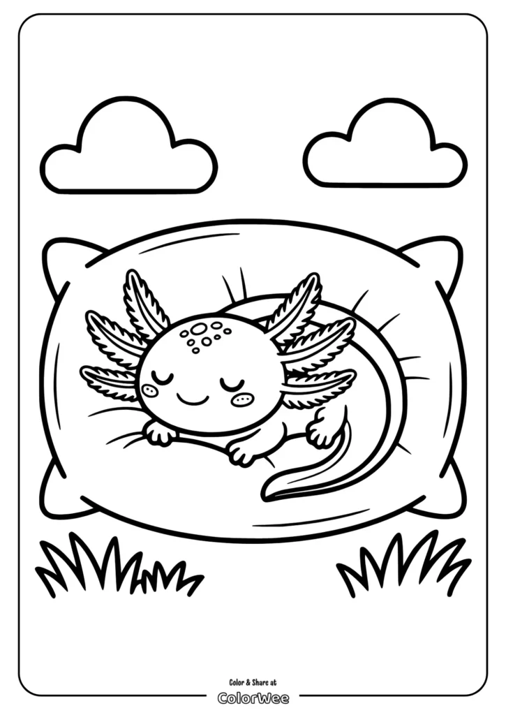 kawaii axolotl sleeping on pillow Cute axolotl sleeping on a pillow coloring page.