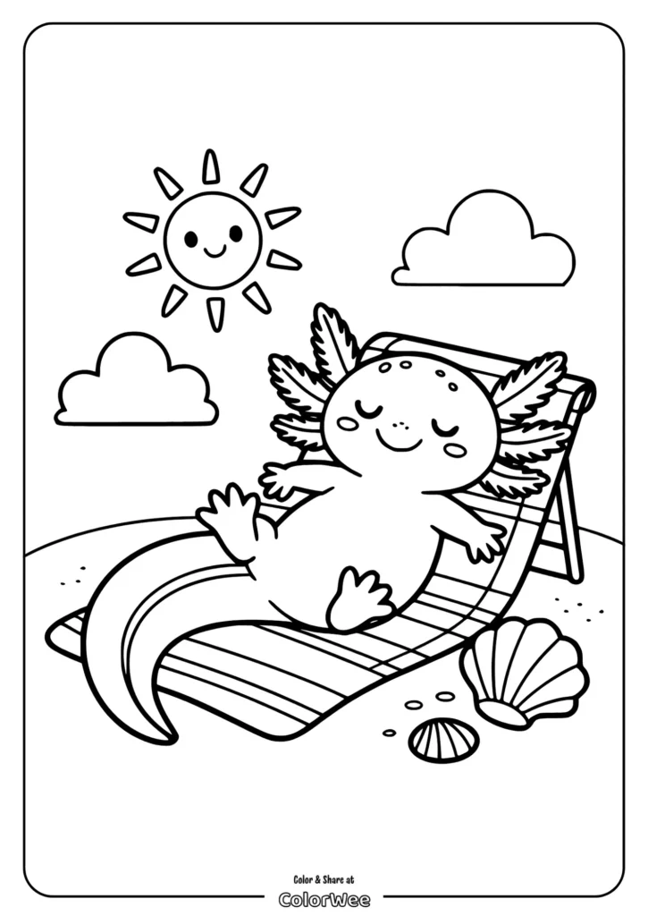 kawaii axolotl sunbathing Cute axolotl sunbathing coloring page with clouds and seashells.