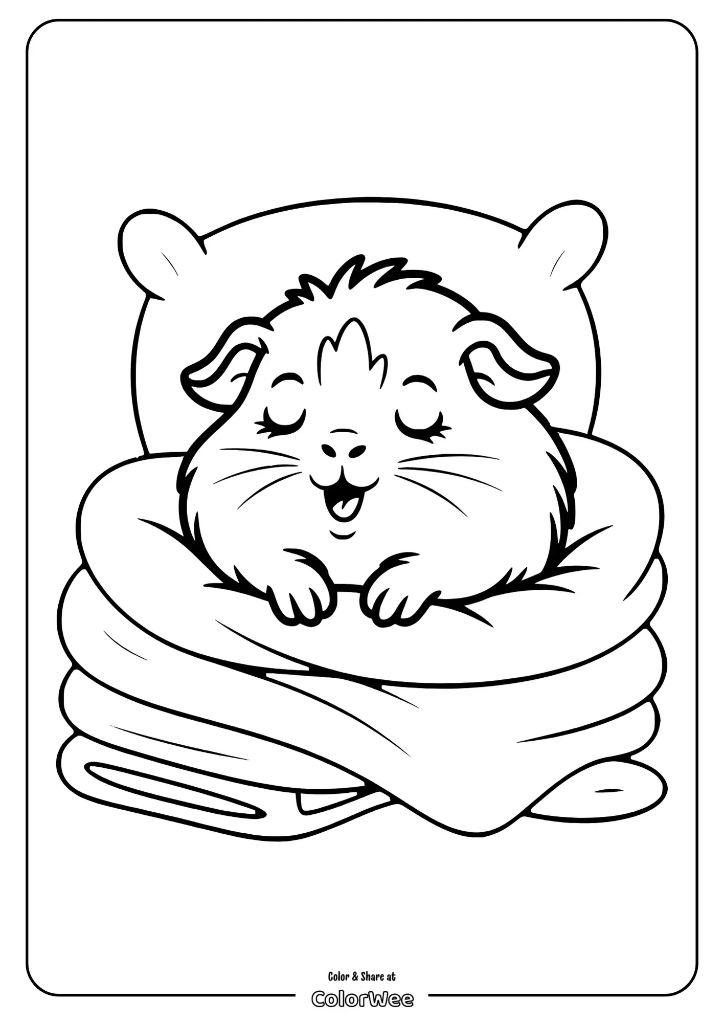 Cute guinea pig cozy in blankets coloring page.