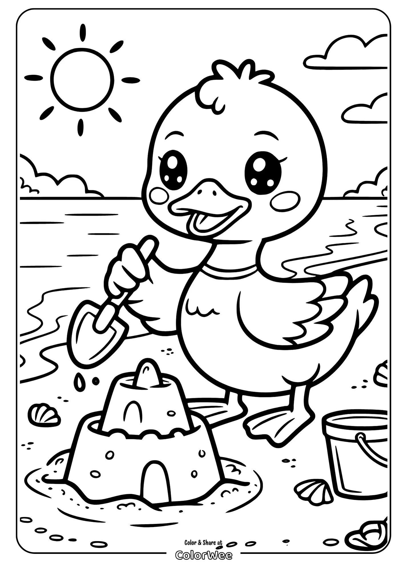 Duck building a sandcastle on the beach coloring page.