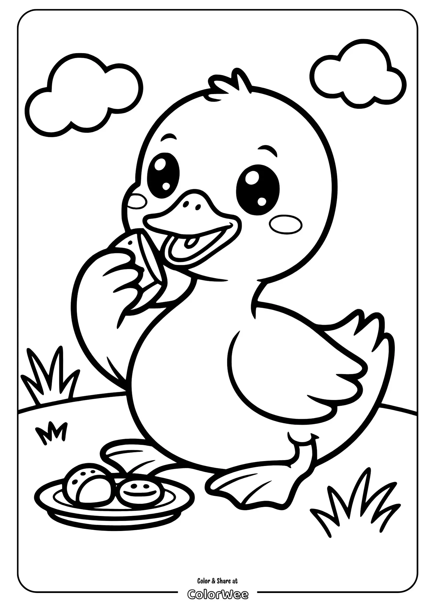 Cute duckling coloring page with picnic snacks and clouds.