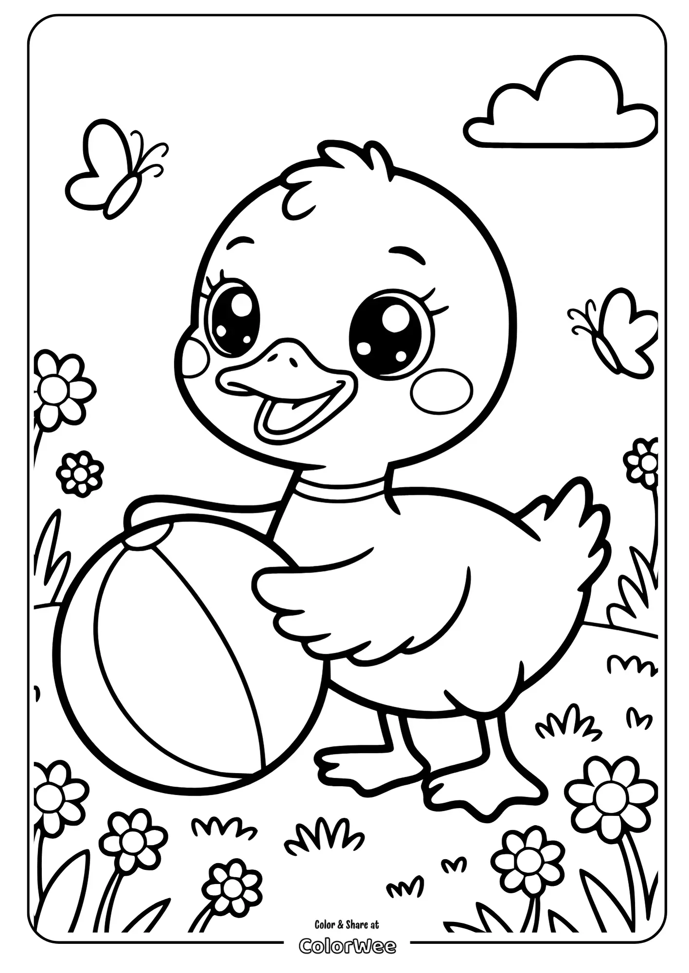 Cute duckling with ball in a garden coloring page with butterflies.