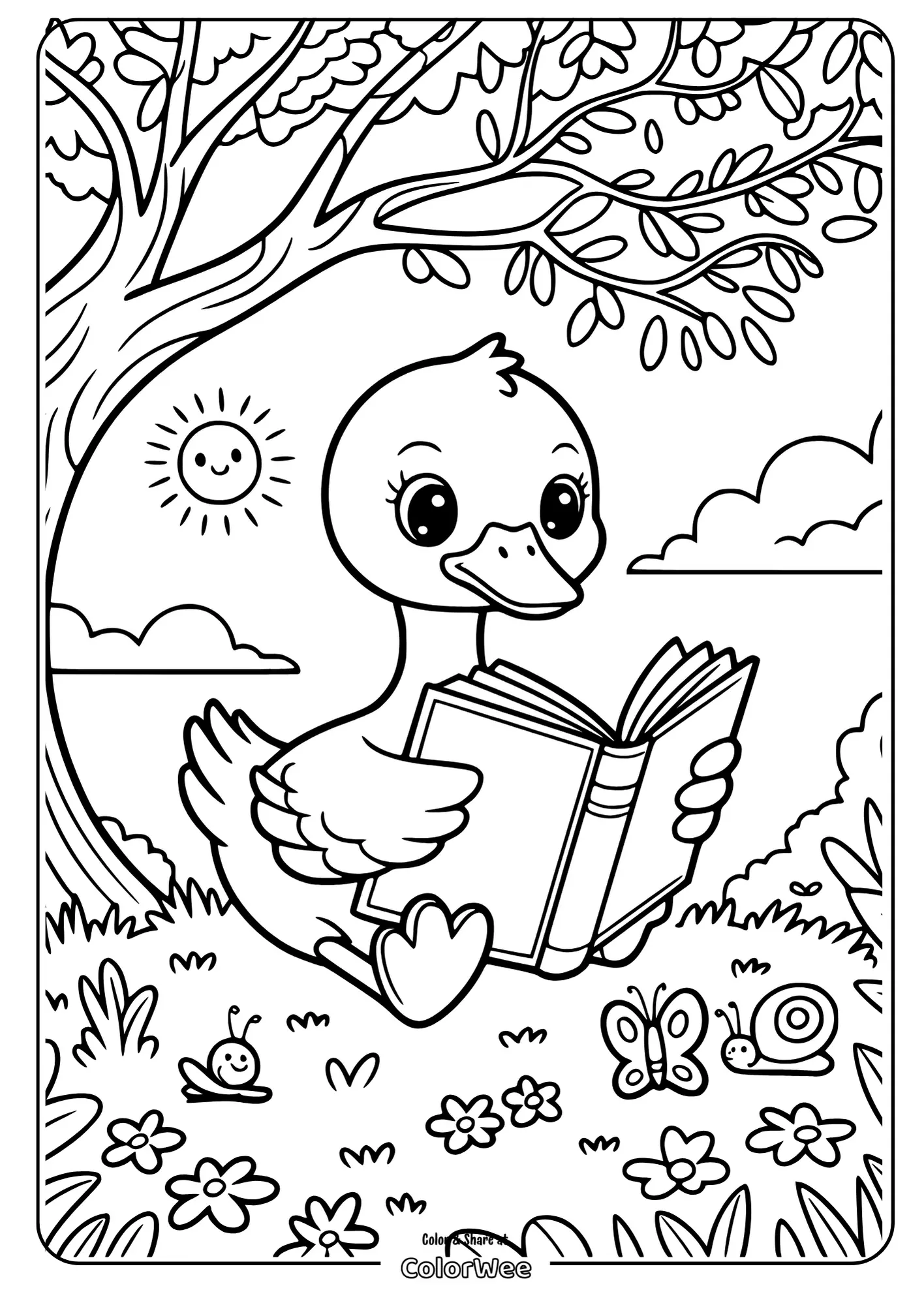 Duck reading under a tree coloring page.