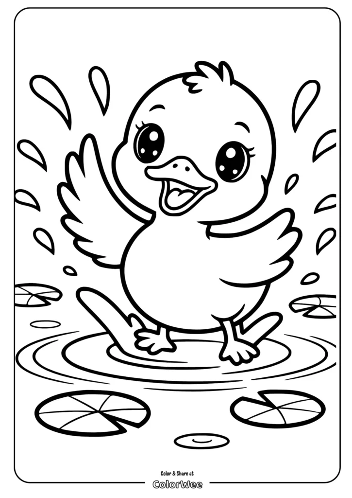 kawaii duck splashing water Cute duck splashing in pond coloring page for kids.