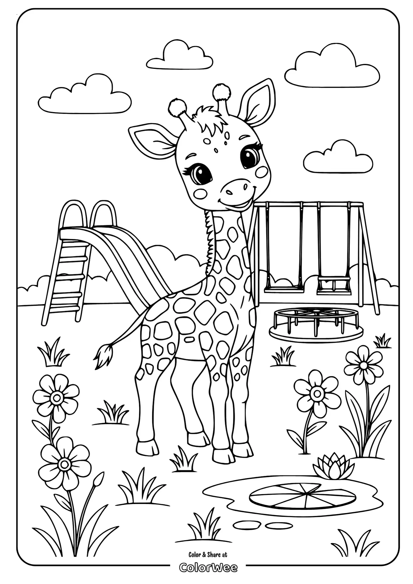 Cute giraffe at playground with swings and slide coloring page.