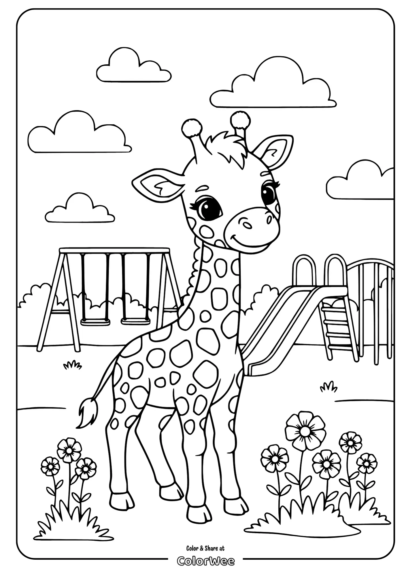 Cute giraffe in a playground with slide and flowers coloring page.