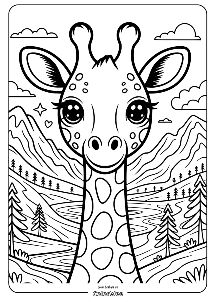 Kawaii giraffe in nature coloring page for kids and adults.