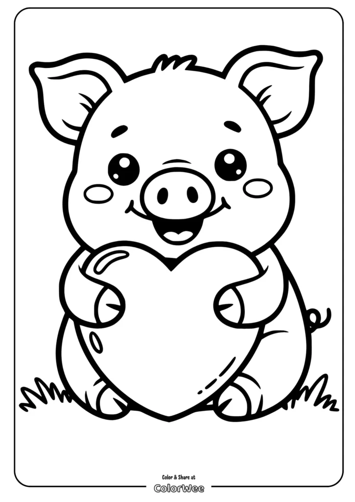 Cute piglet holding a heart coloring page.