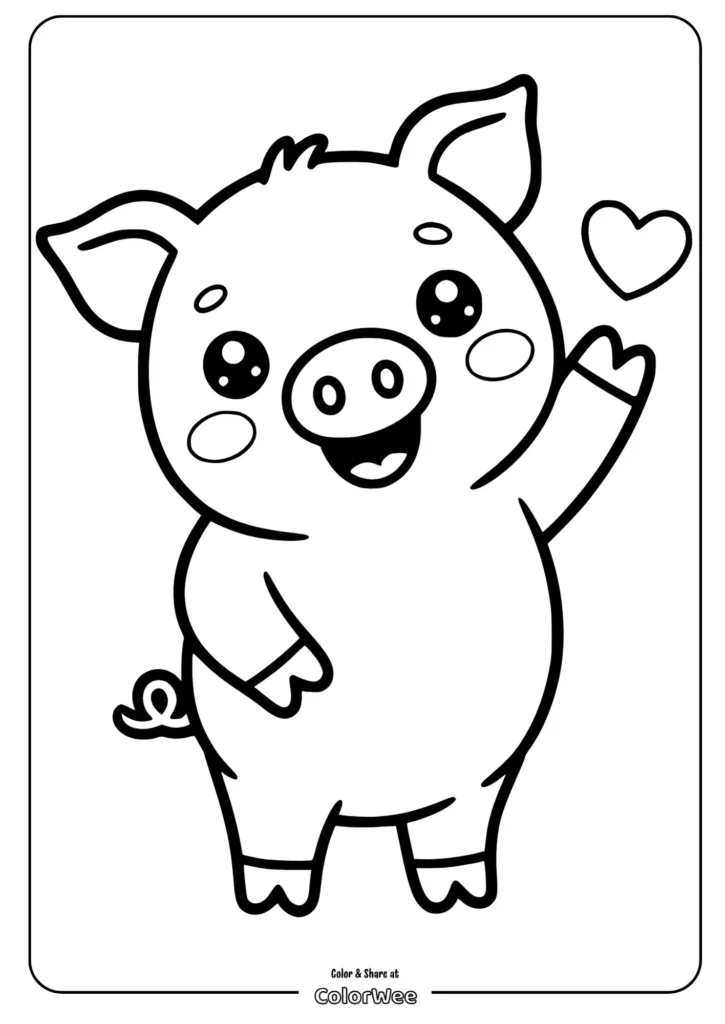 Cute pig waving coloring page with heart.
