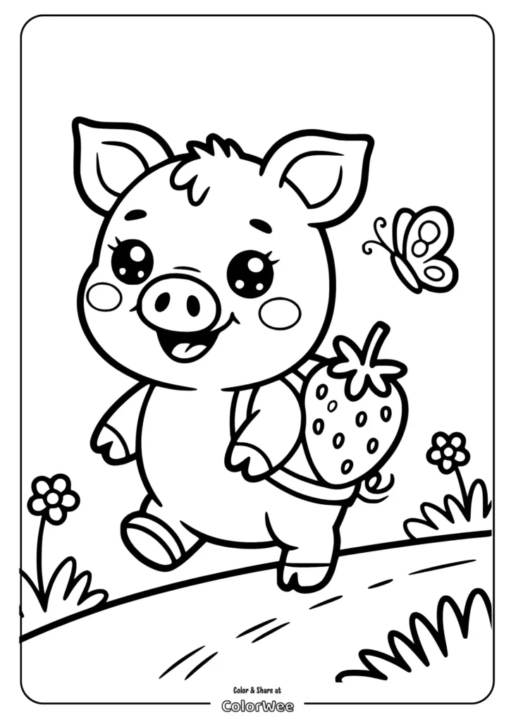 Cute piglet with strawberry tail and butterfly coloring page.