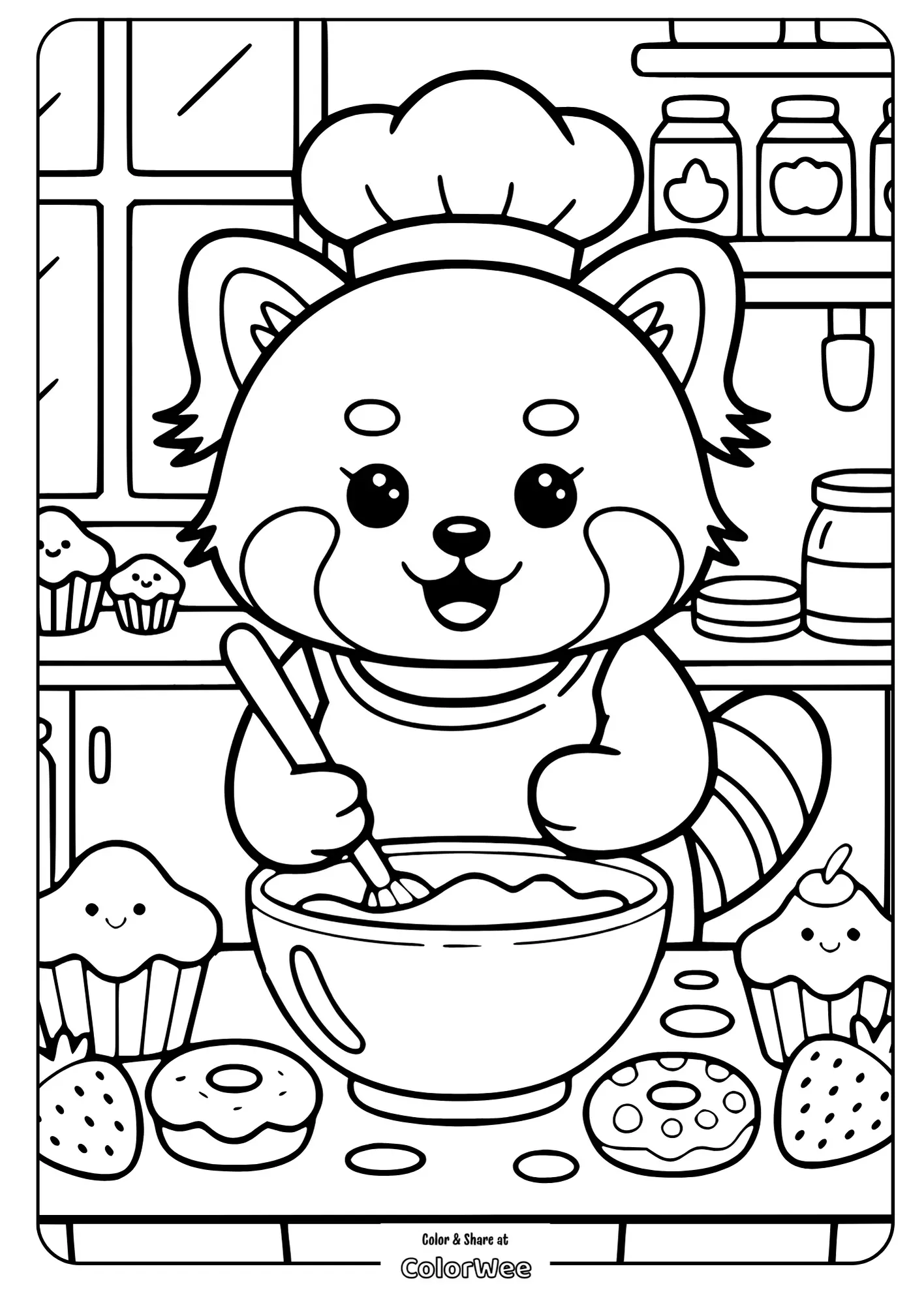 Kawaii red Panda baking with muffins and donuts coloring page.