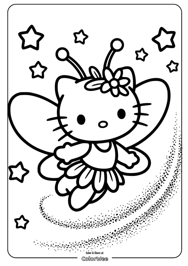 kitty fairy flying with sparkles Butterfly character coloring page with stars and a flower accessory.