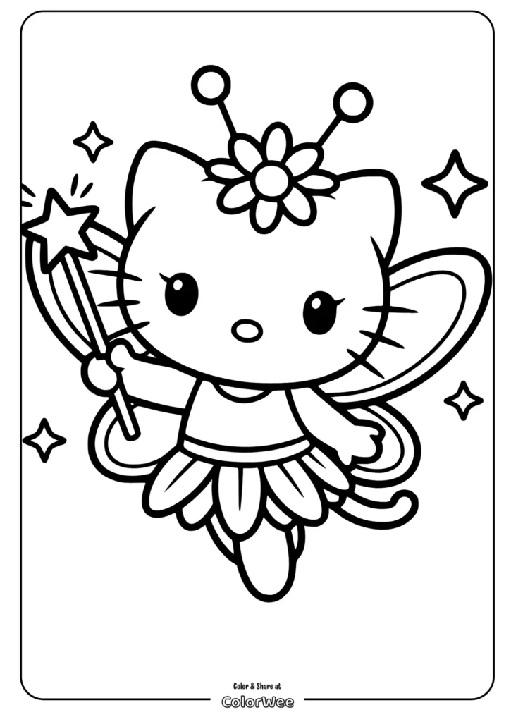 kitty fairy holding a magic wand Cute fairy cat coloring page for kids with wand and star details.
