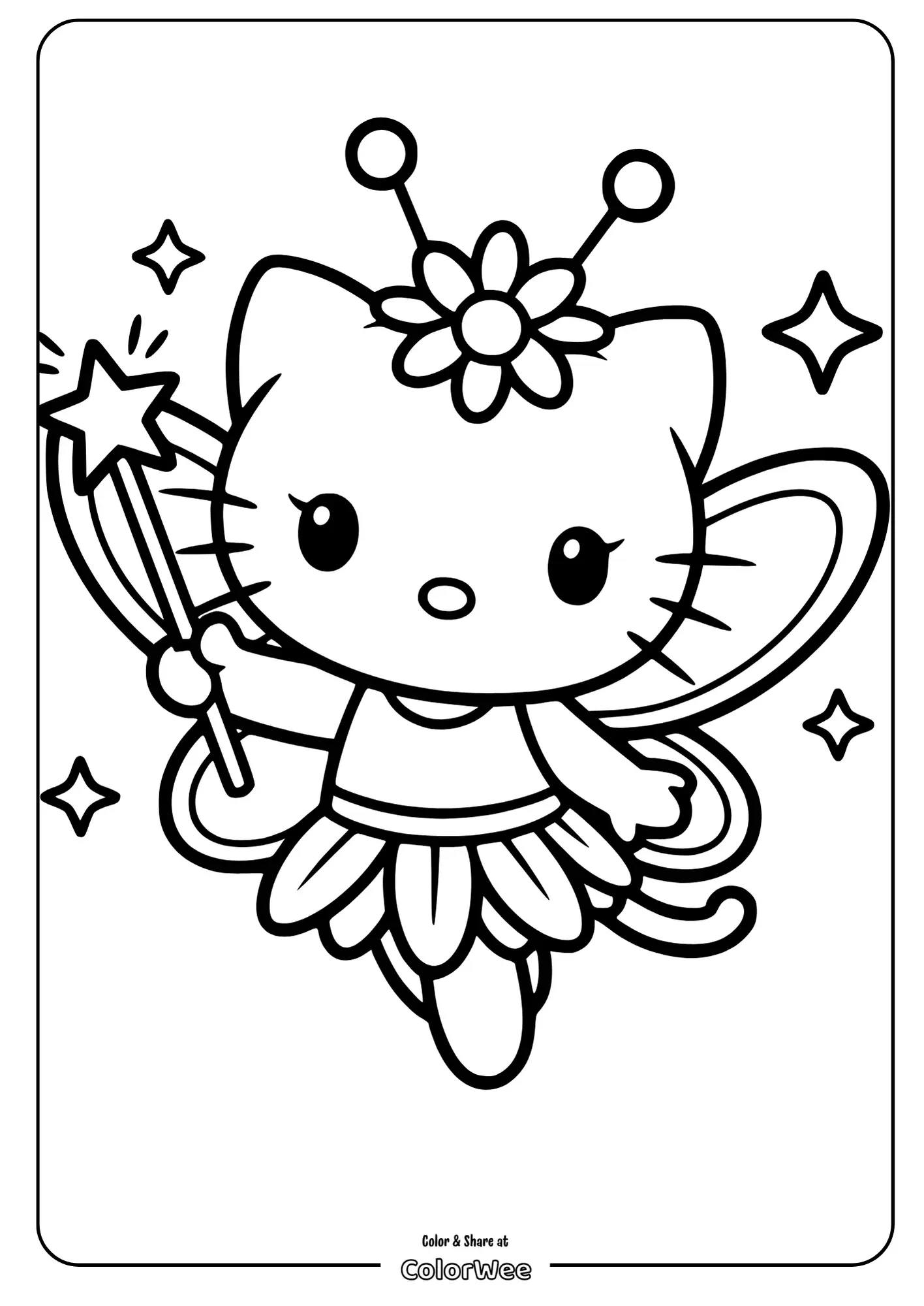 Cute fairy cat coloring page for kids with wand and star details.
