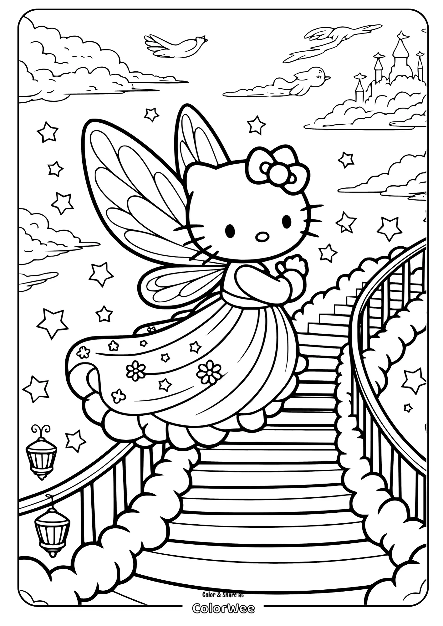 Cute fairy kitty on magic staircase coloring page.