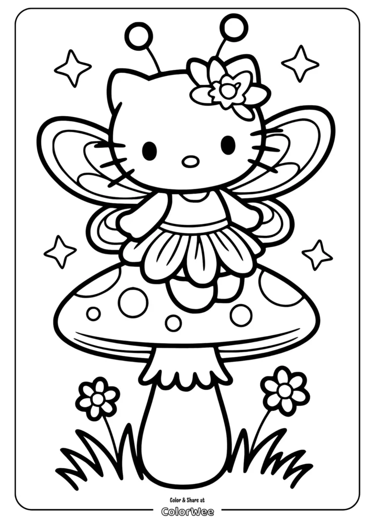 Cute fairy cat on a mushroom coloring page for kids.