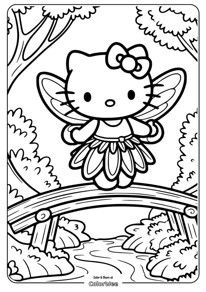 kitty fairy standing on a forest bridge Cartoon fairy character on bridge coloring page.