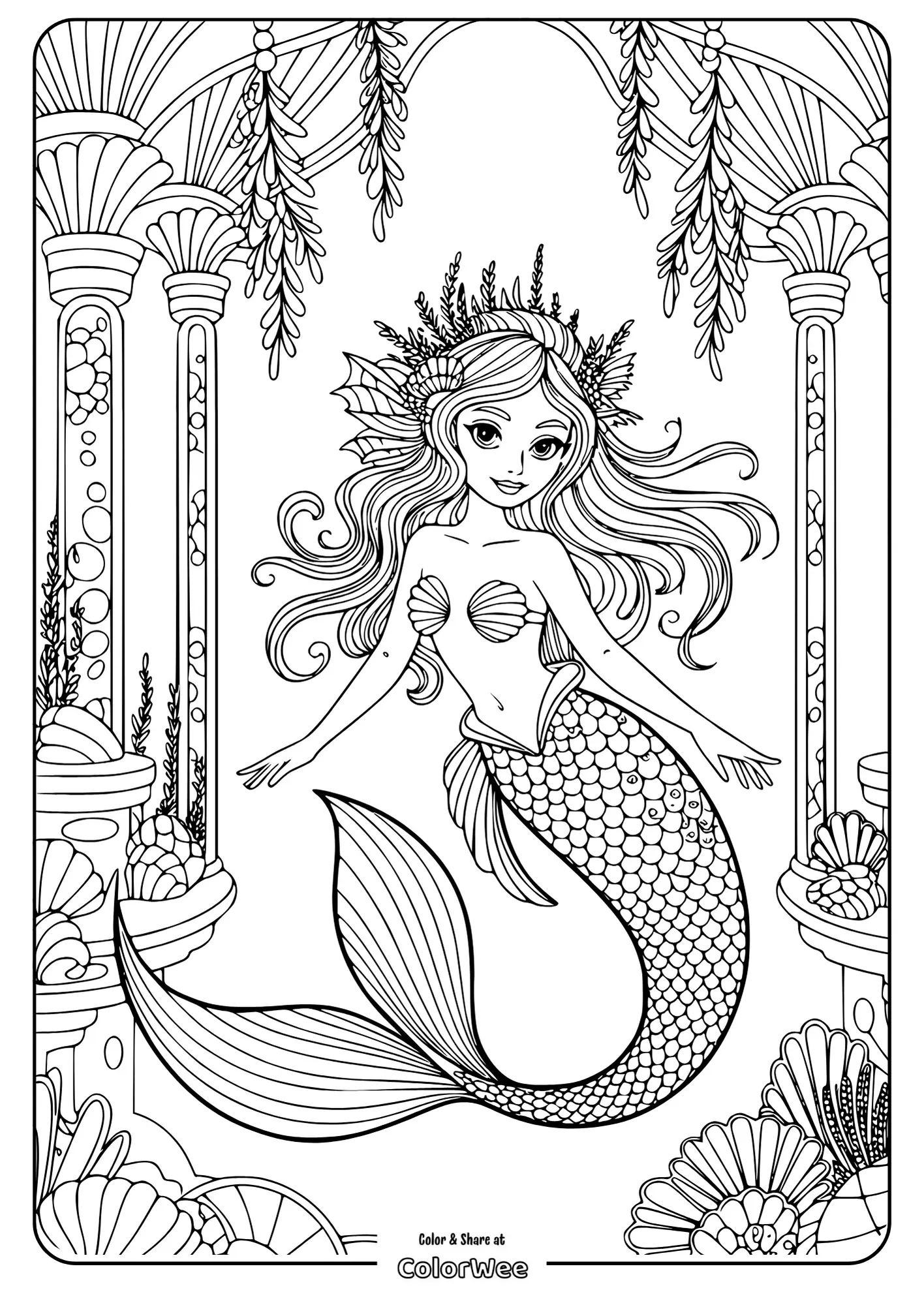 Mermaid adult coloring page, underwater scene with sea plants.