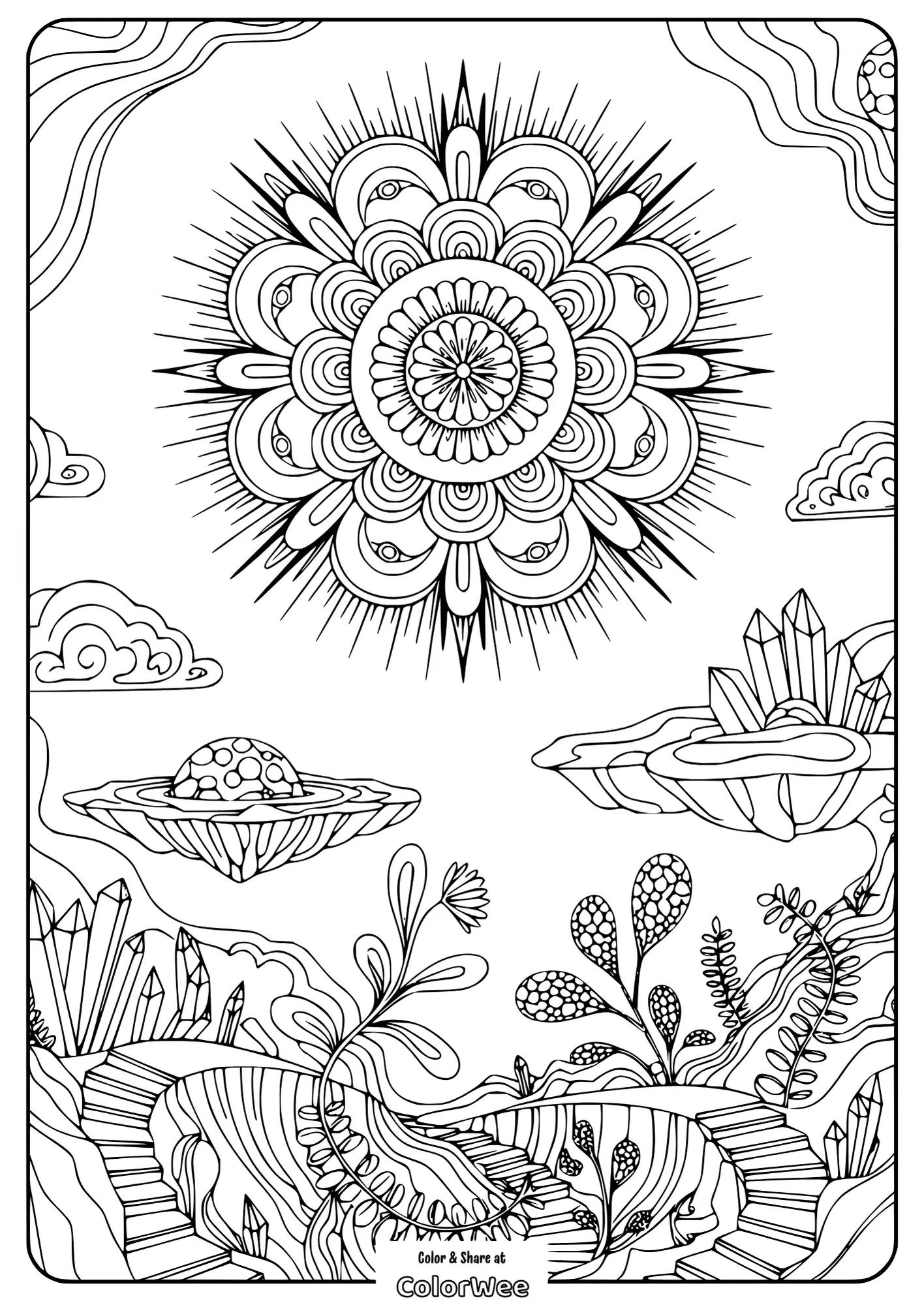 mandala flower cosmic dreamscape 1 Intricate mandala with mystical landscape coloring page design.