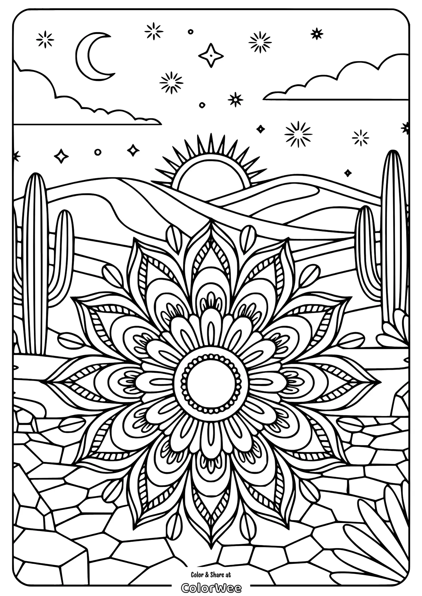 mandala flower desert boho scene 1 Desert mandala coloring page with cacti and sunrise.