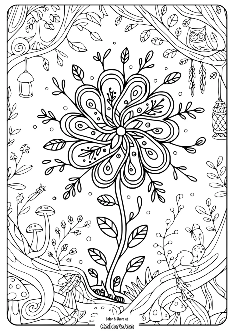 Coloring page with intricate floral and woodland designs.