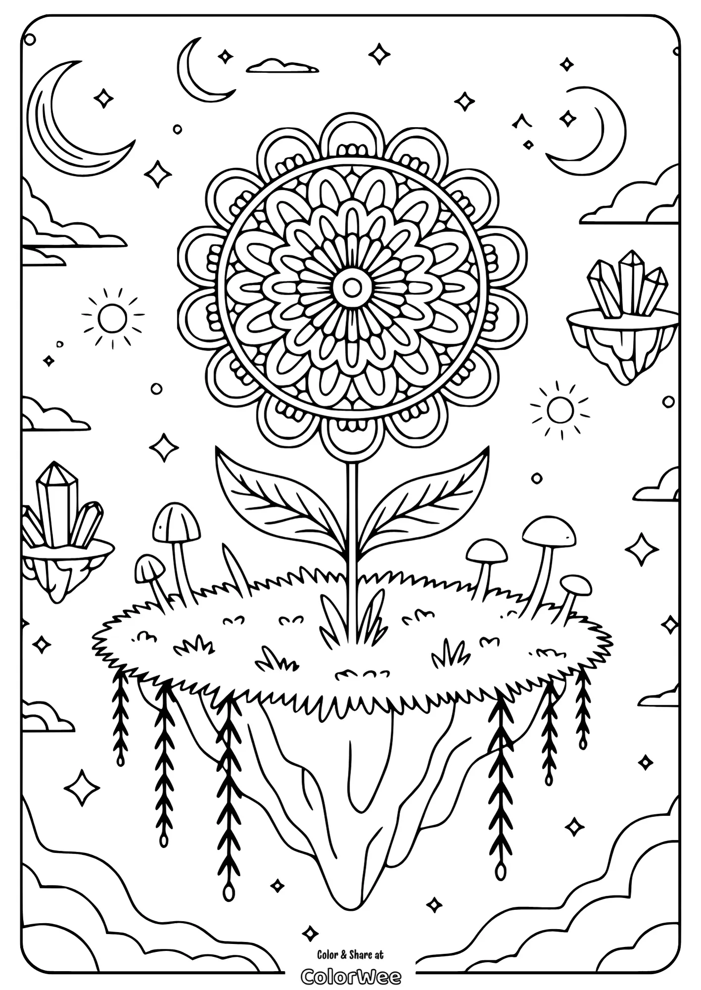 mandala flower floating island dreamscape 1 Floating island mandala flower coloring page.