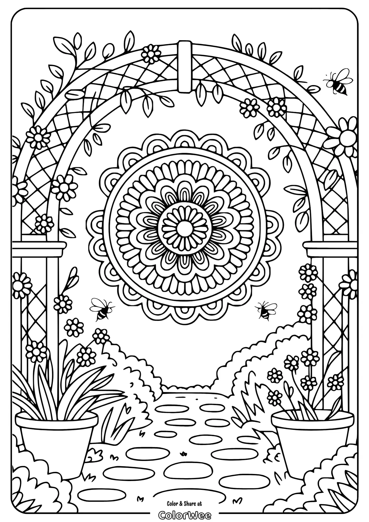 mandala flower garden archway scene 1 Ornate garden archway with mandala and flowers coloring page.
