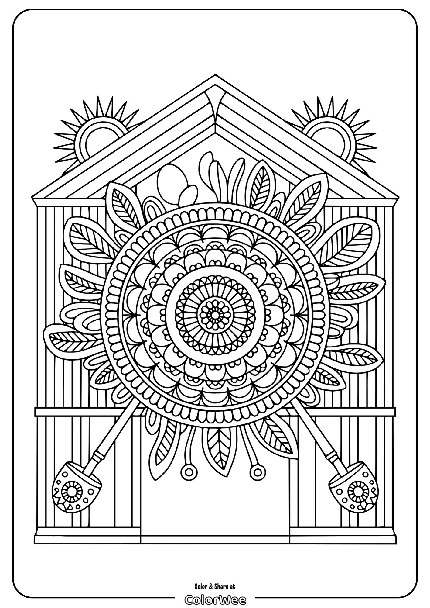 mandala flower geometric greenhouse 1 Ornate mandala coloring page with sun and building elements.