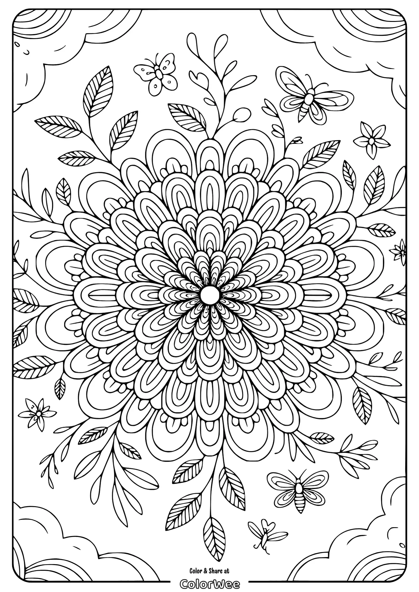 mandala flower intricate botanical garden 1 Floral mandala with butterflies coloring page.