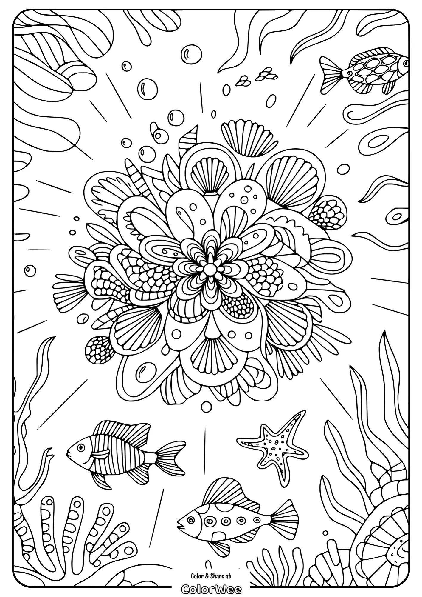 mandala flower ocean realm 1 Underwater mandala with fish and sea plants coloring page.