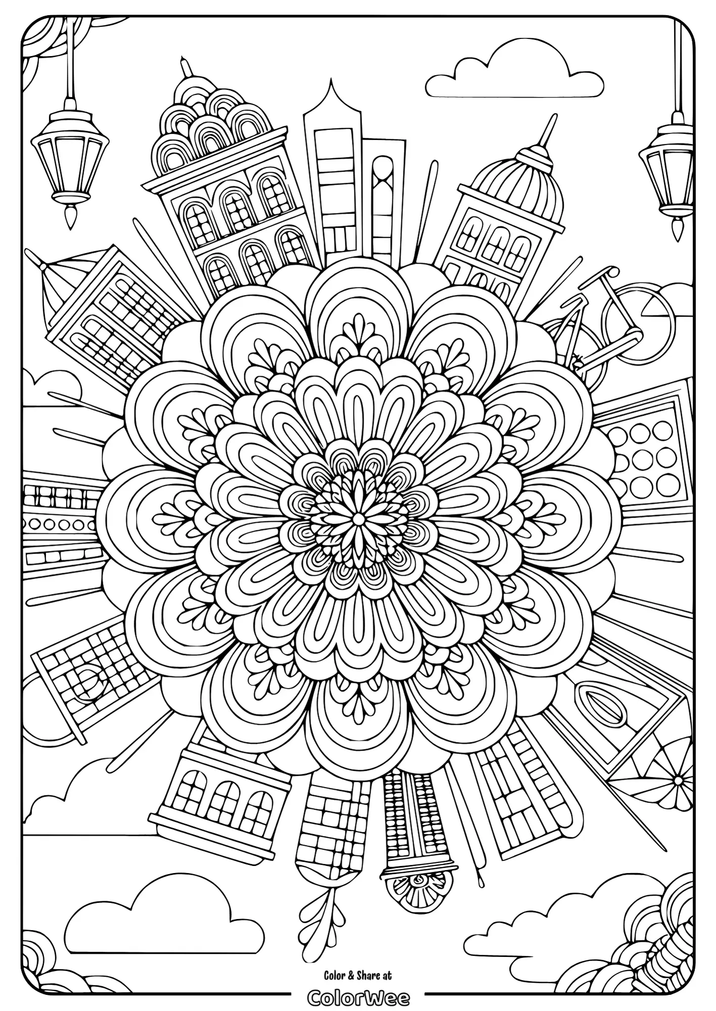 mandala flower sacred garden 1 Intricate mandala with a cityscape background coloring page.