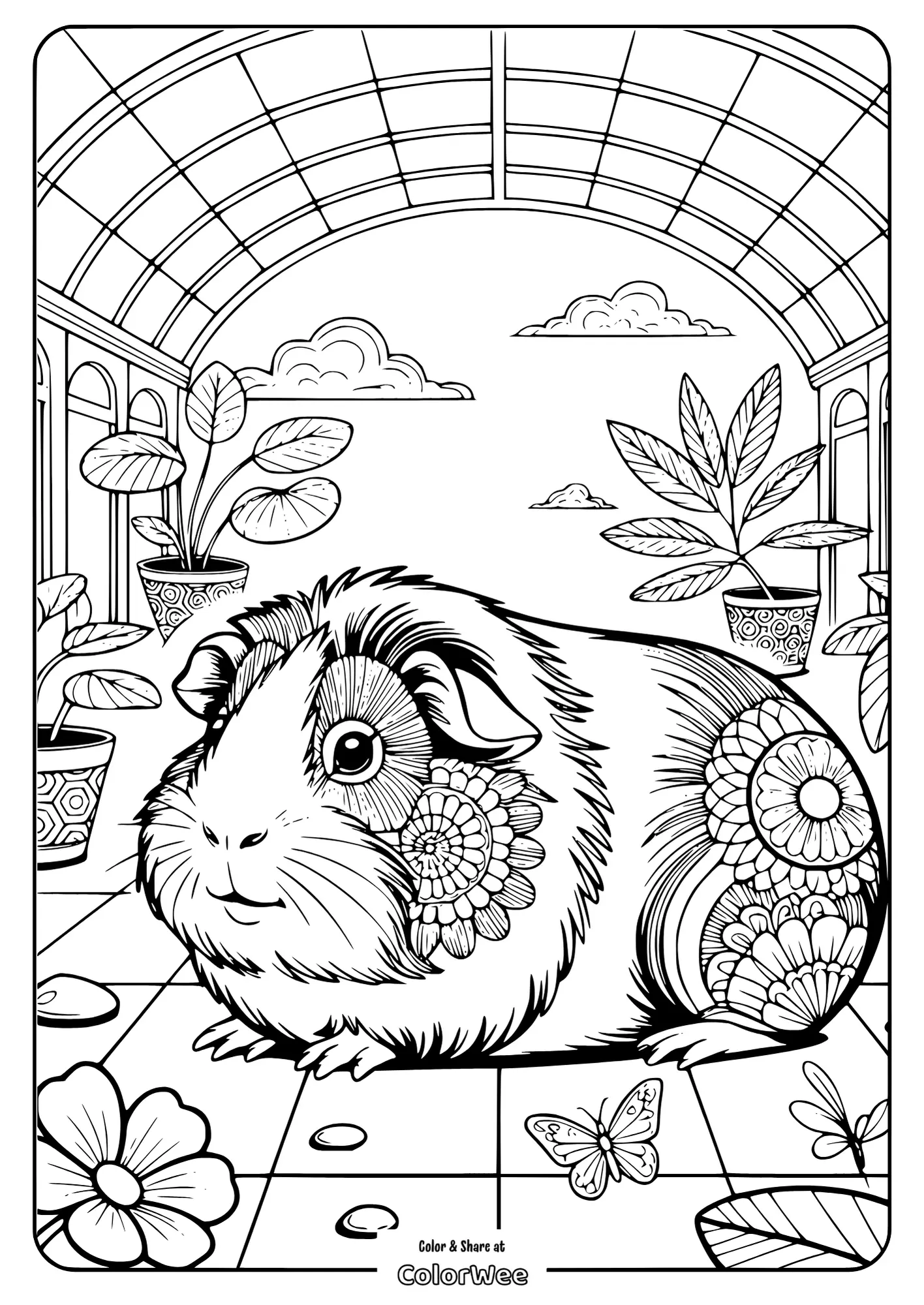 Floral guinea pig coloring page in a garden setting.