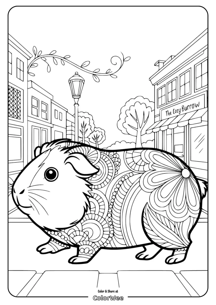 mandala guinea pig city walk Guinea pig with intricate patterns, town background coloring page.