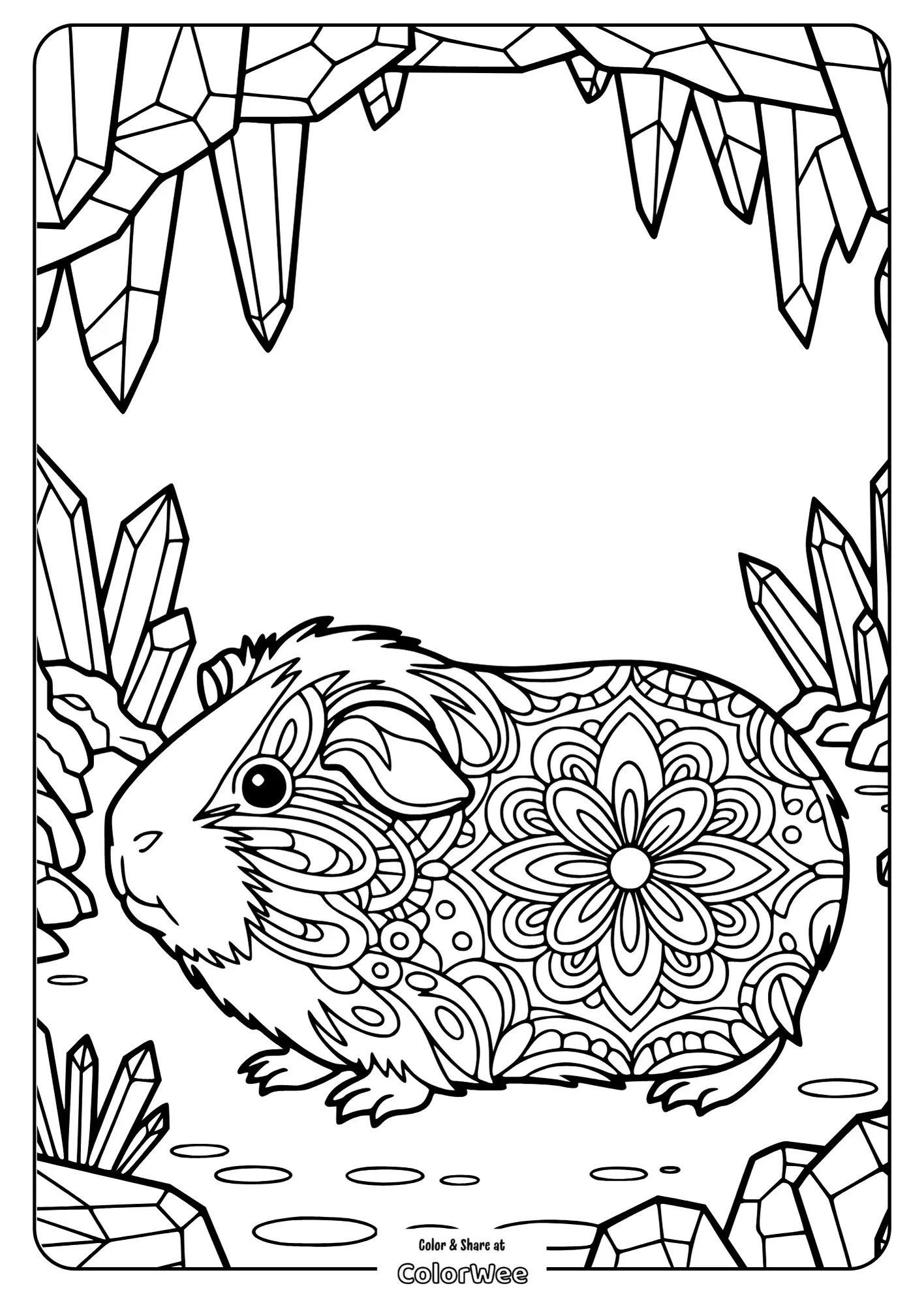 Cute guinea pig mandala coloring page with crystals.