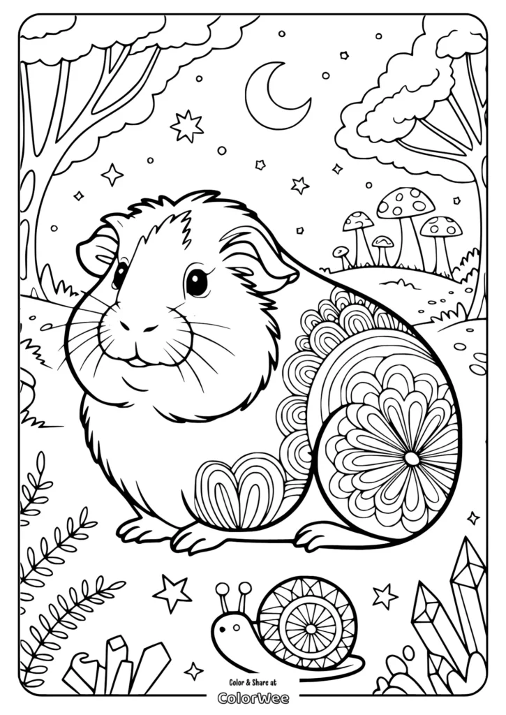 mandala guinea pig forest night clearing Guinea pig coloring page with patterns, trees, and a snail.