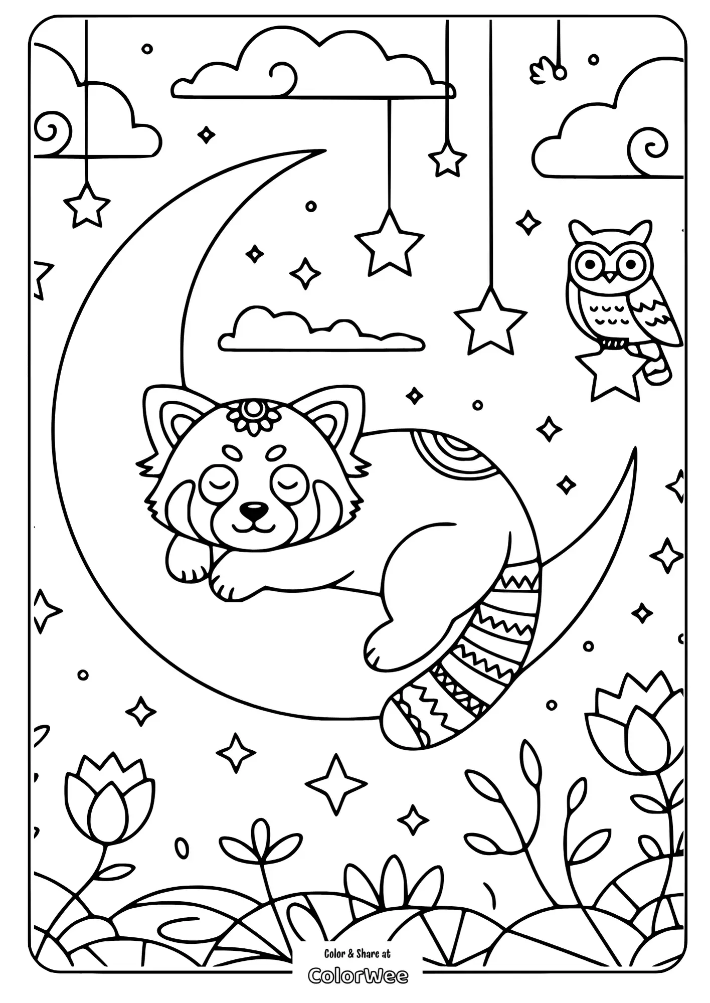 mandala red panda dreamy night 2 Cute panda on a moon with stars and an owl coloring page
