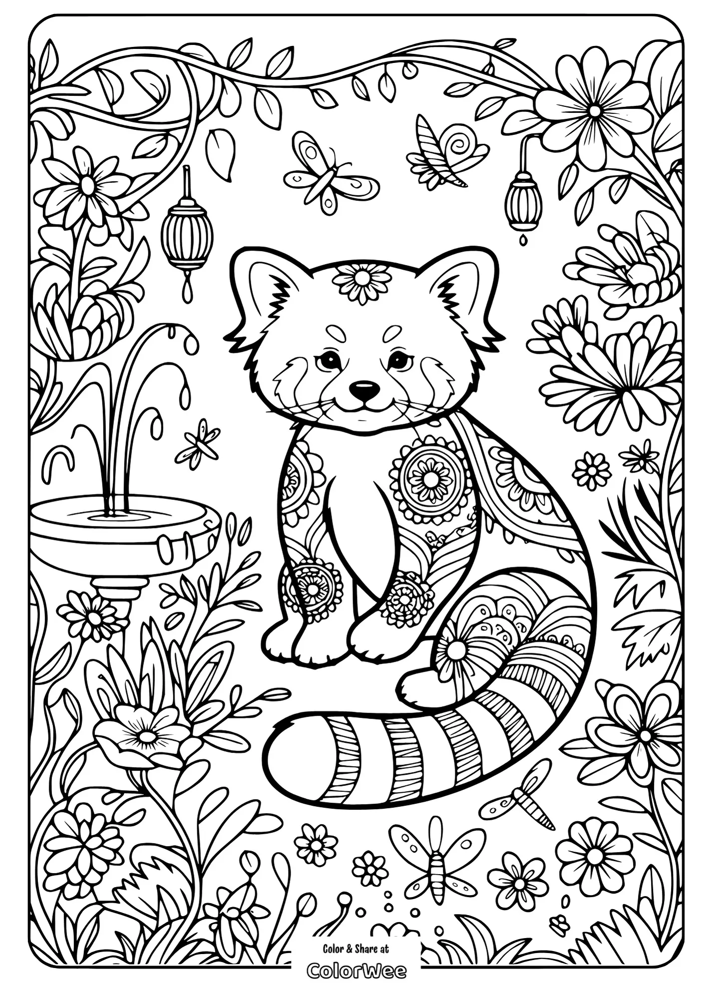 mandala red panda enchanted garden 2 Floral adult coloring page with a cute, patterned red panda.
