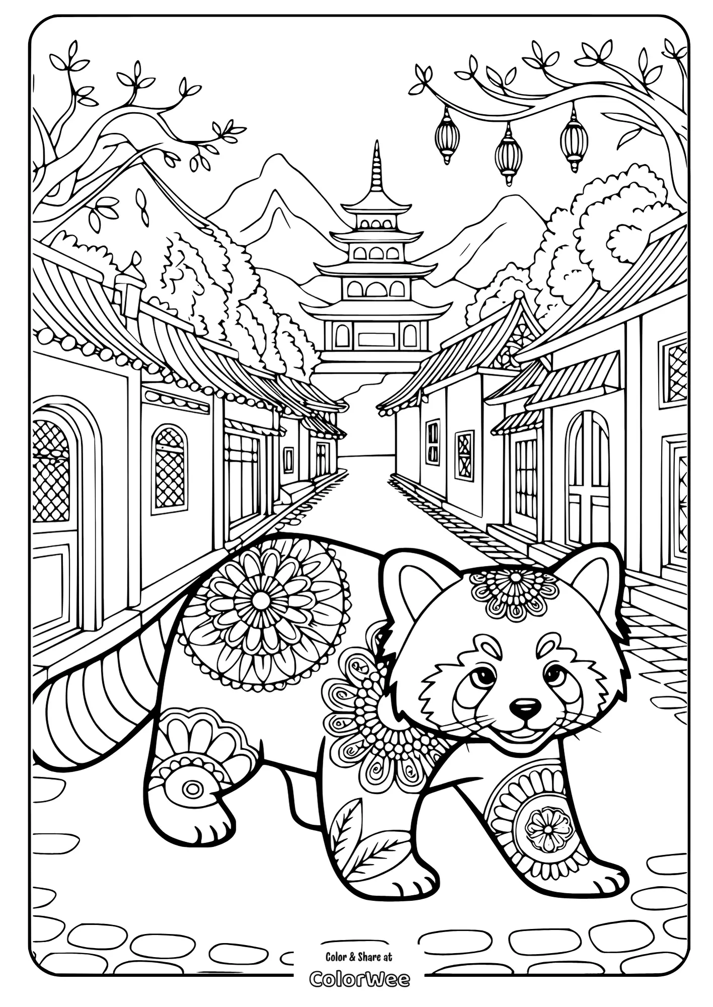 mandala red panda mountain village walk 2 Coloring page of a patterned red panda in an Asian village setting.