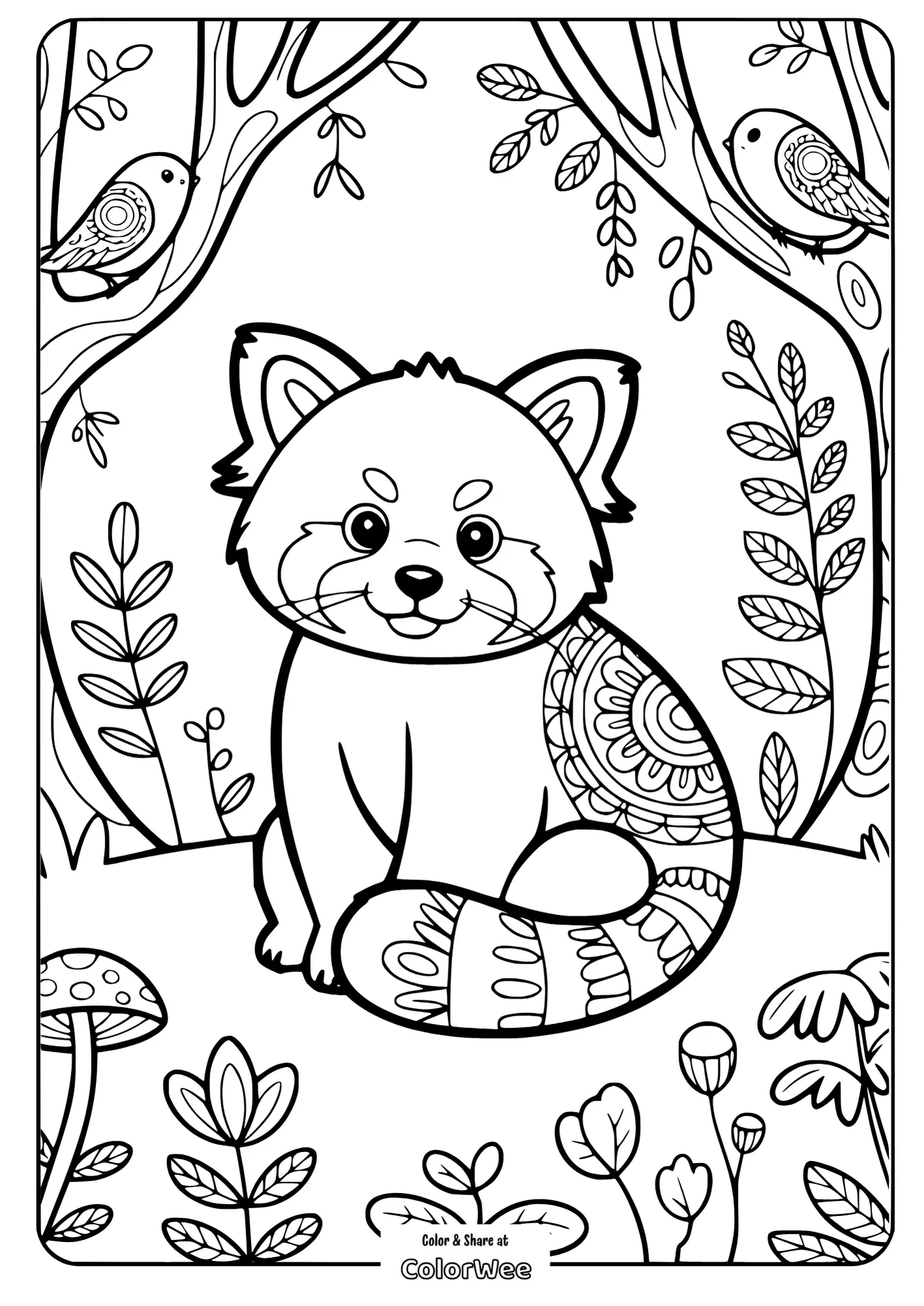mandala red panda peaceful forest 2 Red panda coloring page with forest background and birds.