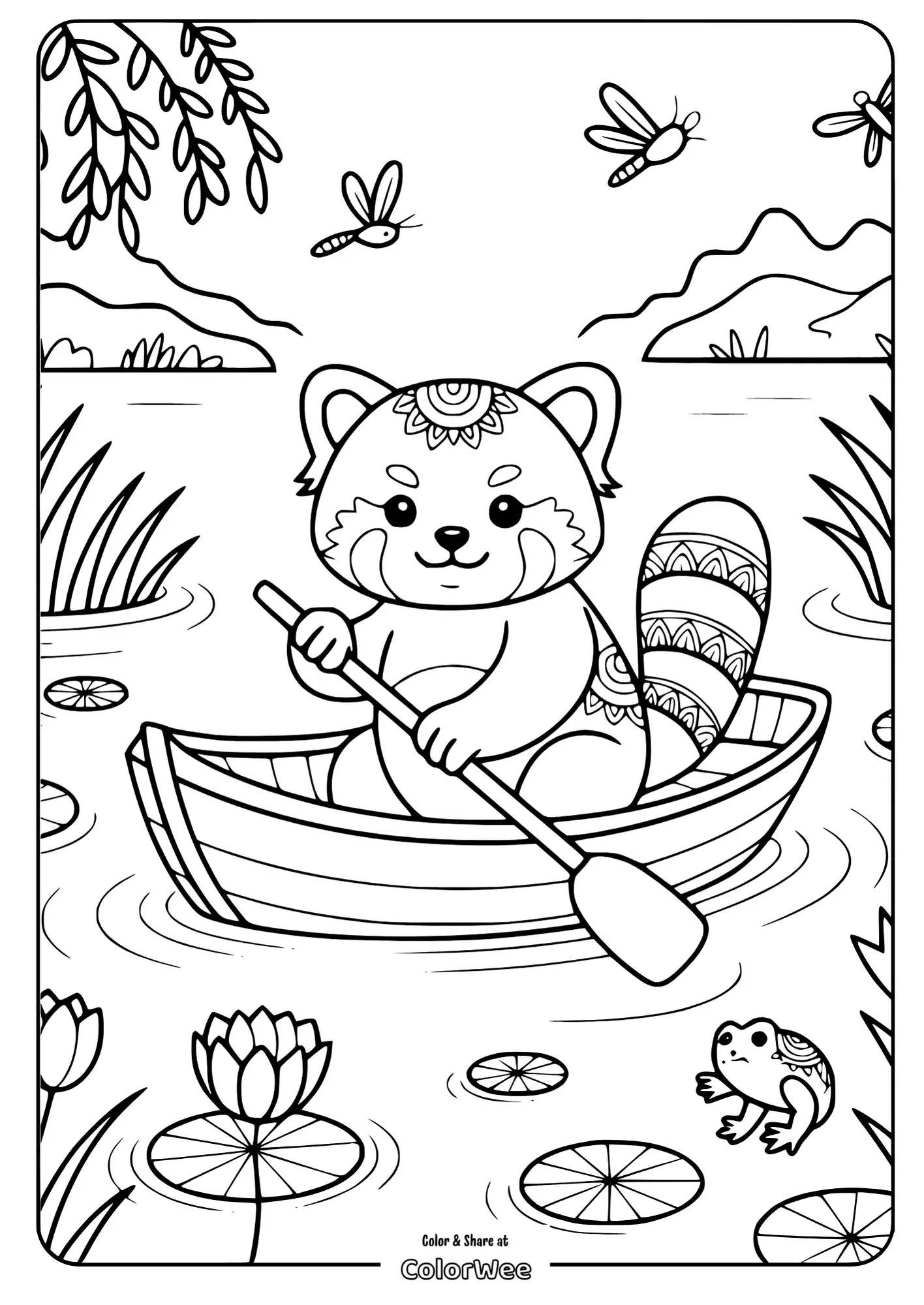 mandala red panda river journey 2 Red panda in a boat coloring page with pond and nature.