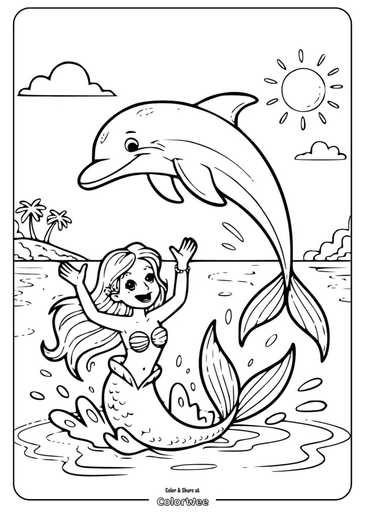 mermaid at beach dolphin coloring pages Mermaid and dolphin playing under the sun coloring page.